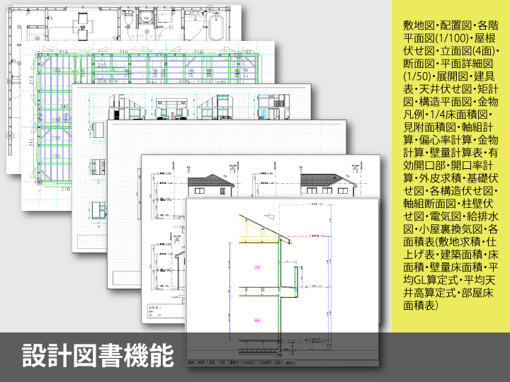 【設計図書機能】Walk in home(ウォークインホーム)は、建築CADとして複数の設計図書をすべて自動作成します。